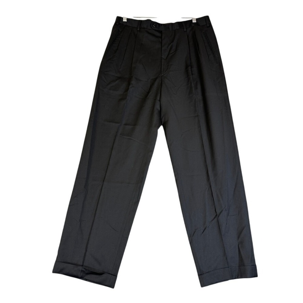 Fine Worsted Super 100s Wool Pleated Cuffed Dress Pants Black 34 Portugal
